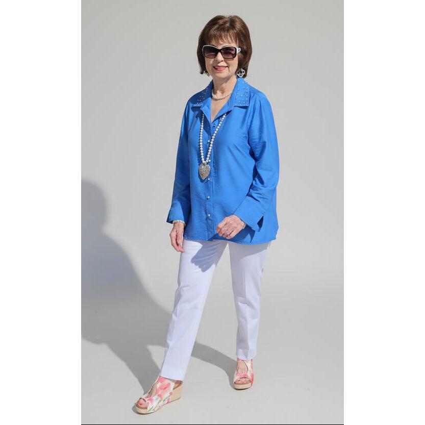 French Blue 3/4 sleeve button-front blouse by Multiples featuring pearl embellishments on the collar.