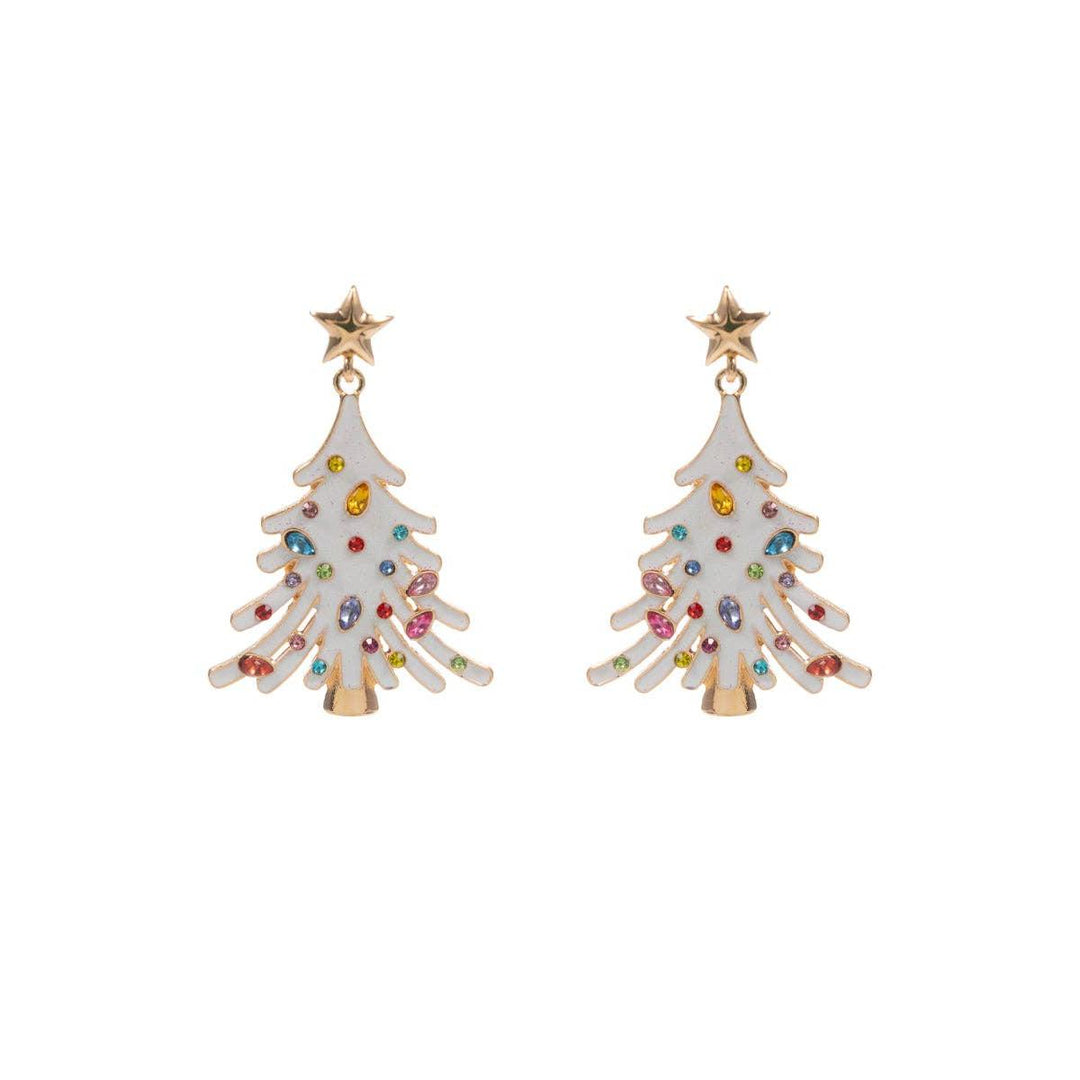 White Enamel Christmas Tree with Rhinestones 2" Earring