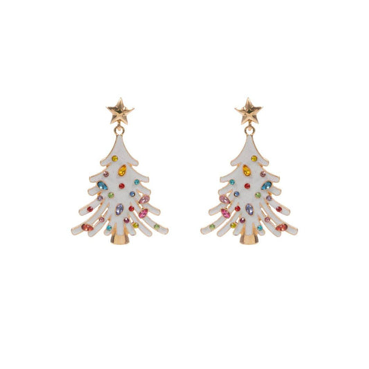 White Enamel Christmas Tree with Rhinestones 2" Earring