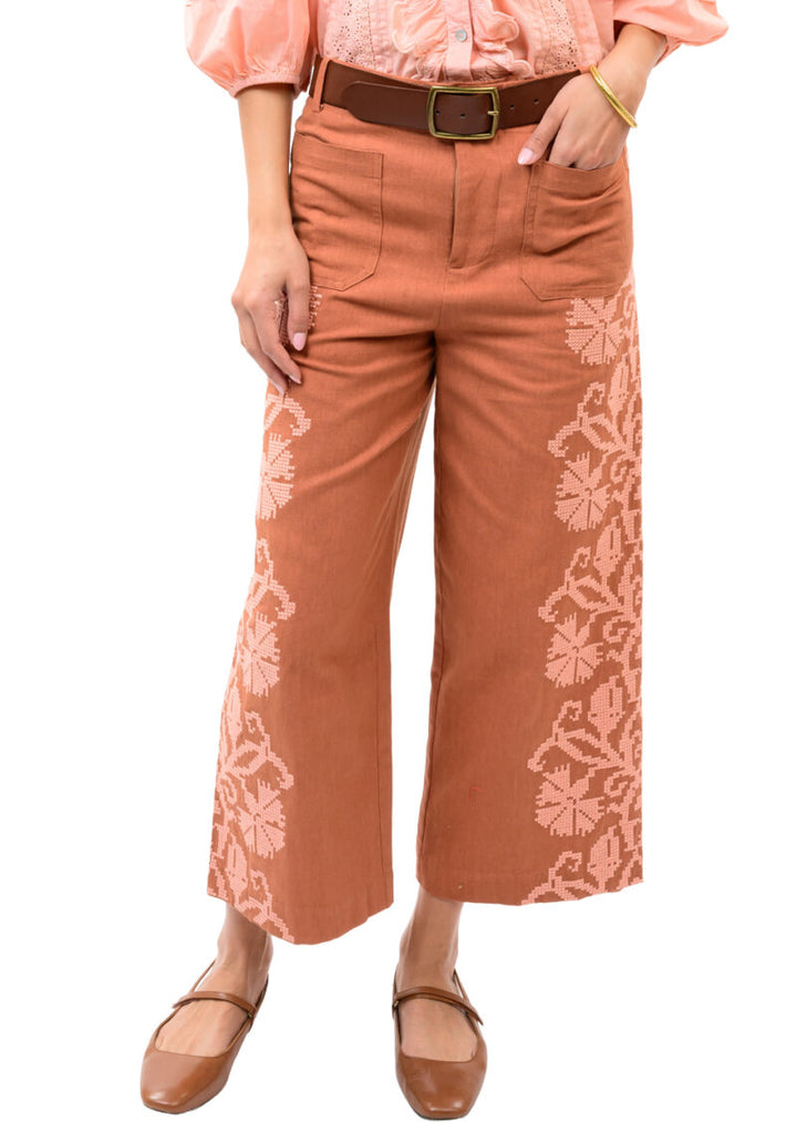 Ivy Jane Embroidered Sides Pant Rust front