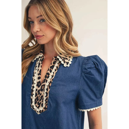 Hadley | Puff Shoulder Denim Top with Leopard & Scallop Trim