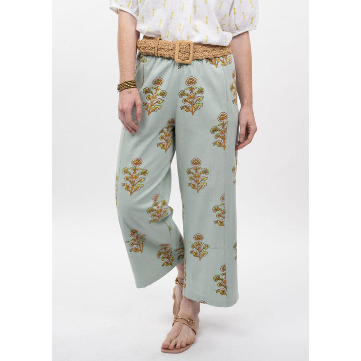 Sienna pants, Ivy Jane 240044, floral print barrel pant, aqua block print trousers, tapered floral pants, Ivy Jane matching set, women&