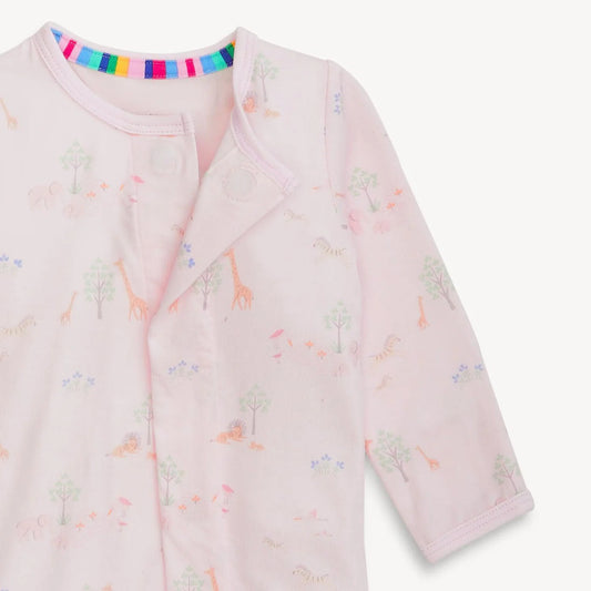 Close-up of the hidden magnetic closure seam on the Pink Serene Safari baby footie.