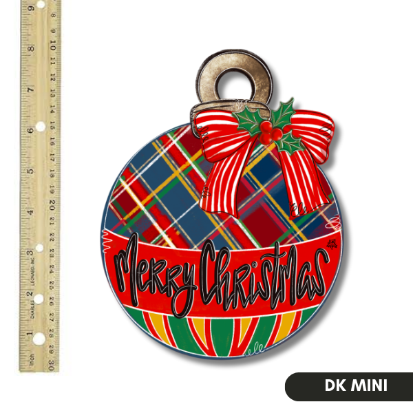 DK Designs Georgia plaid Christmas ornament mini door hanger sign with red and white striped bow, holly and Merry Christmas script