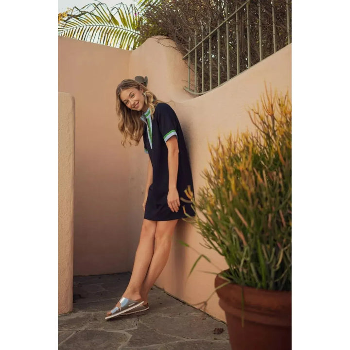 Georgia Zip-Up Casual Dress with Mock Neck in Navy