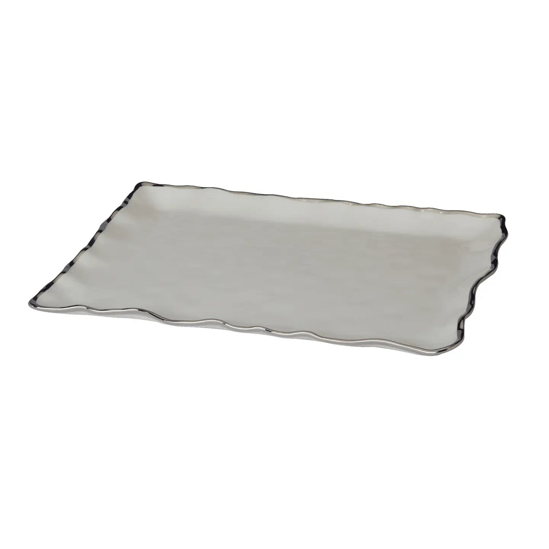 Certified International Silver Regency rectangular serving platter crafted from white porcelain, featuring a scalloped edge and metallic silver trim