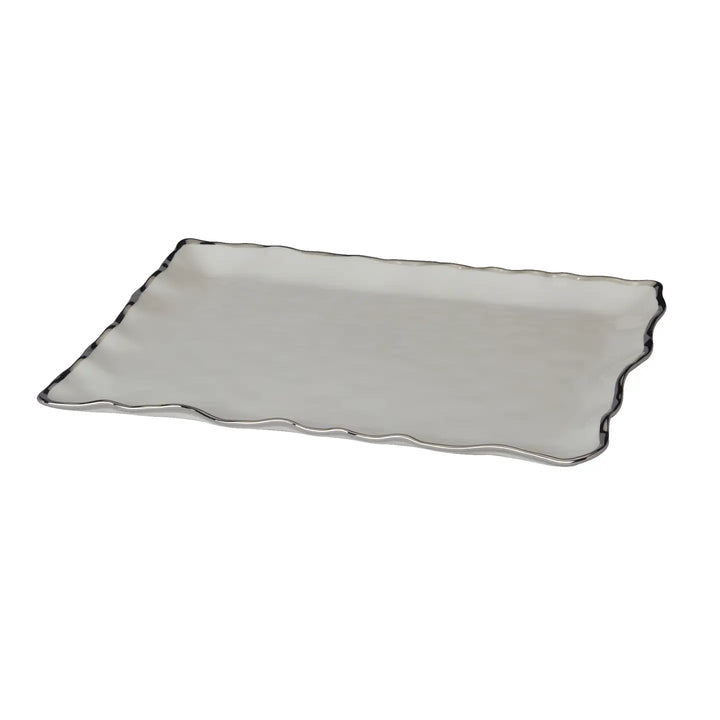 Certified International Silver Regency rectangular serving platter crafted from white porcelain, featuring a scalloped edge and metallic silver trim