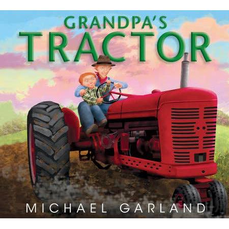 Front cover of "Grandpa's Tractor" featuring a grandfather and grandson sitting on a vintage red tractor.