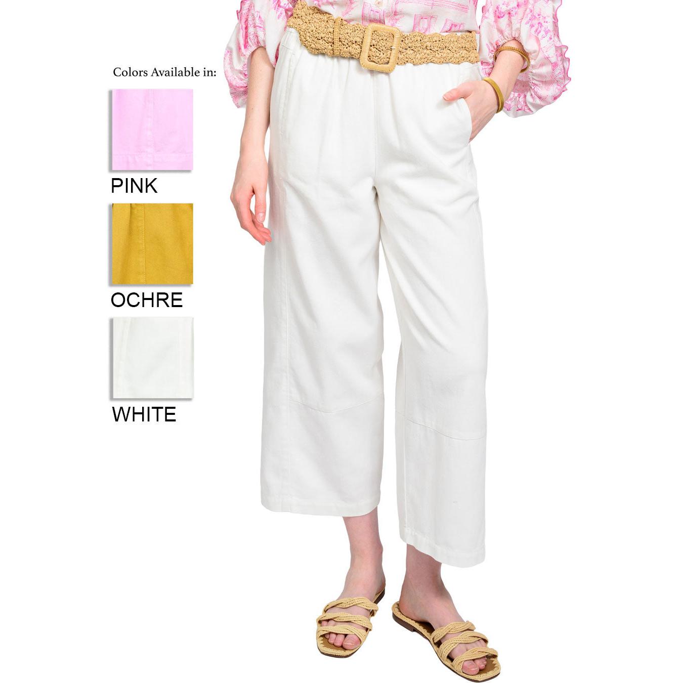 Ivy Jane Barrel Pant in White and Ochre; trendy women's barrel-leg trousers with a comfortable fit.
