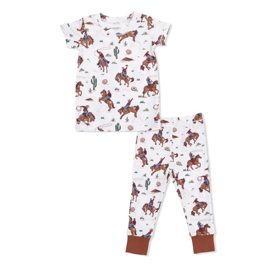 Toddler short sleeve bamboo loungewear set in Buckaroo Western print with cowboy hats and boots