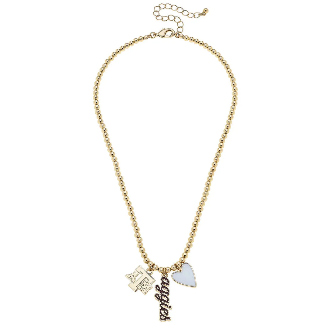 Texas A&amp;M Aggies Ball Bead Charm Necklace in Shiny Gold