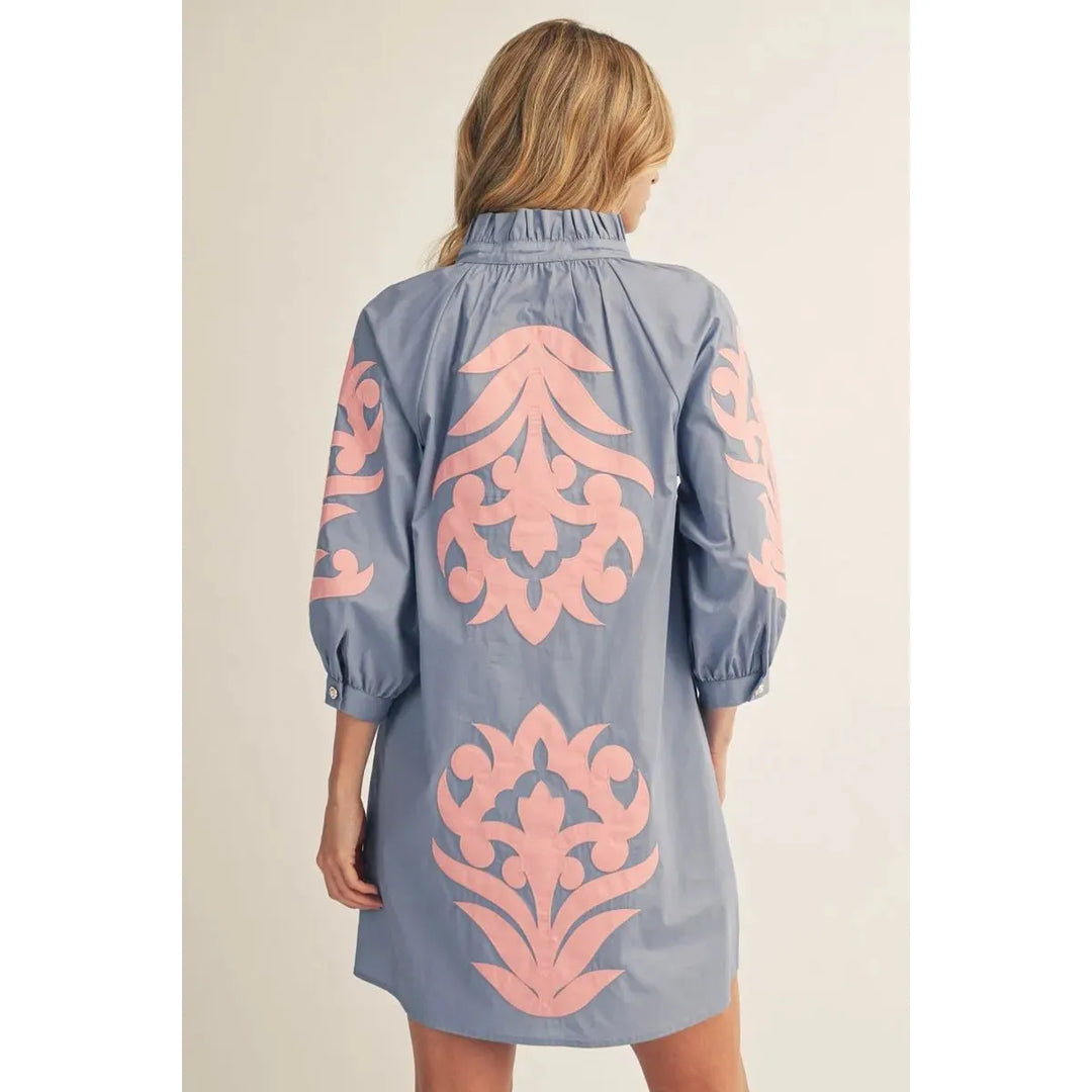 Genevieve Baroque Floral Applique Shift Dress in Cornflower/Pink