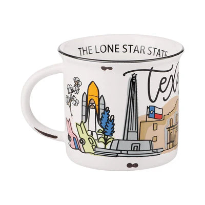 Close-up of the hand-painted yellow roses, longhorn, and oil rig symbols on the State of Texas mug.