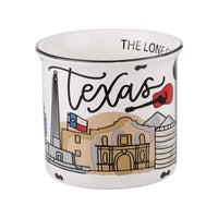 Glory Haus State of Texas Campfire Mug featuring hand-painted Texas landmarks and &