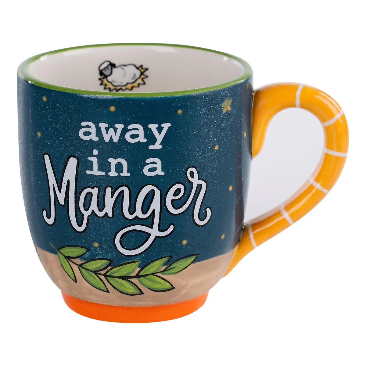 Close-up of the "Away in a Manger" inspired hand-painted artwork on a Glory Haus ceramic mug.