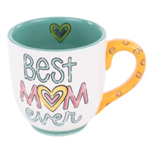 Hand-painted "Best Mom Ever" 16 oz ceramic mug with colorful hearts and a red striped handle.