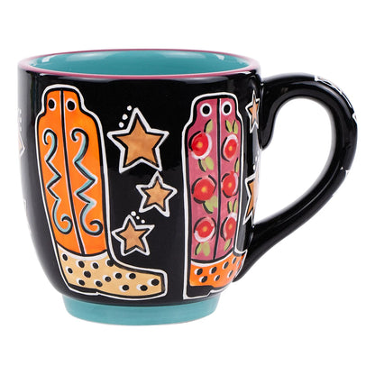 Hand-painted 16 oz ceramic mug featuring a black cowboy boot with red stars and a striped handle.