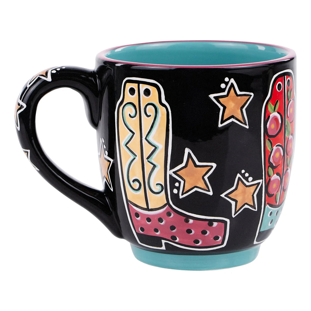 Glory Haus Boots and Stars mug showing the hand-painted "Lone Star" inspired design.