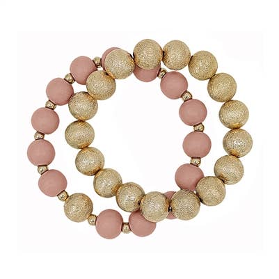 Gold Textured Beaded &amp; Pink Wood Set of 2 Stretch Bracelet