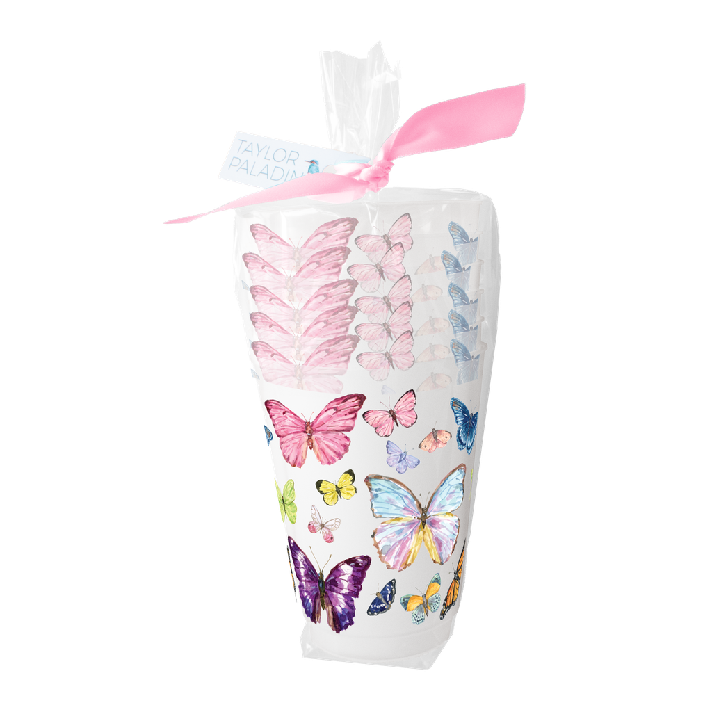 Set of 6 Taylor Paladino Butterflies Frosted Cups in gift packaging with a pink ribbon.