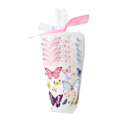 Set of 6 Taylor Paladino Butterflies Frosted Cups in gift packaging with a pink ribbon.