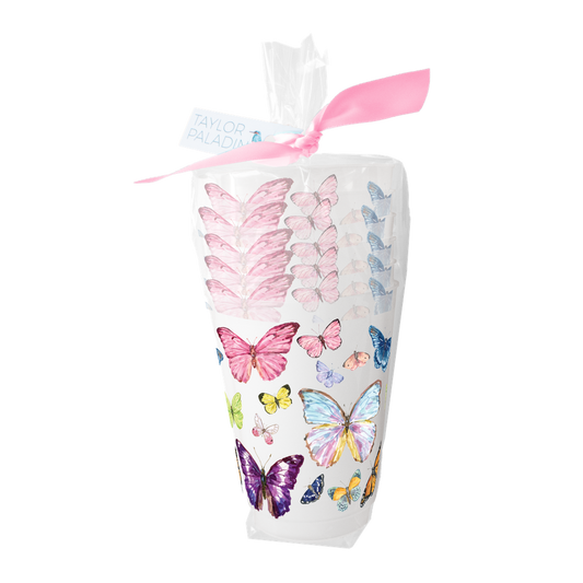 Set of 6 Taylor Paladino Butterflies Frosted Cups in gift packaging with a pink ribbon.