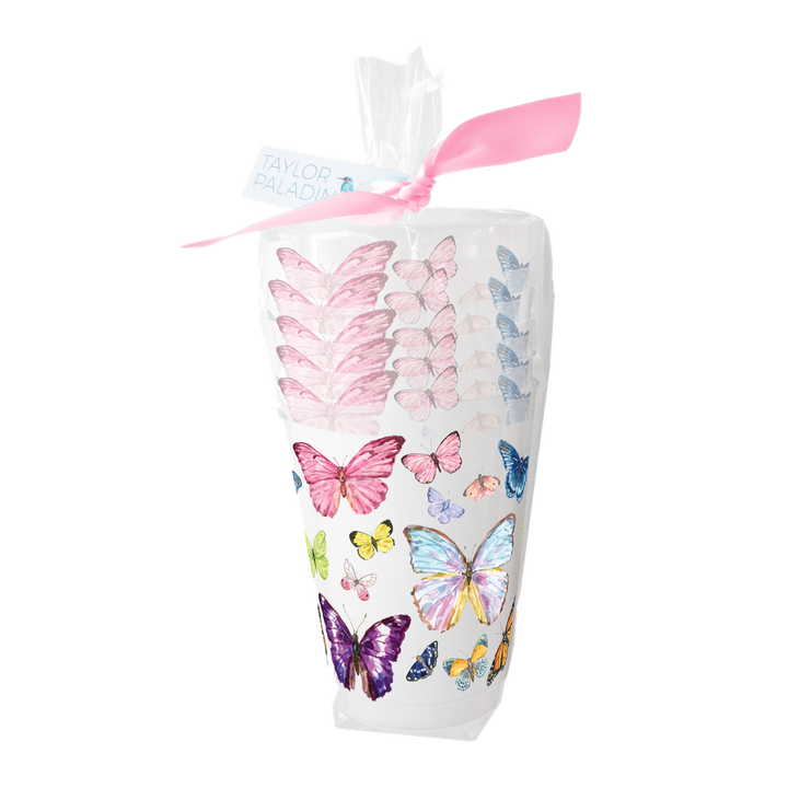 Set of 6 Taylor Paladino Butterflies Frosted Cups in gift packaging with a pink ribbon.