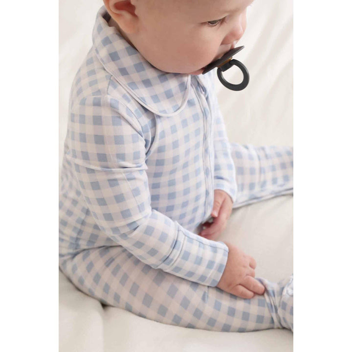 Peter Pan Collar Zipper Footie | Dusty Blue Gingham