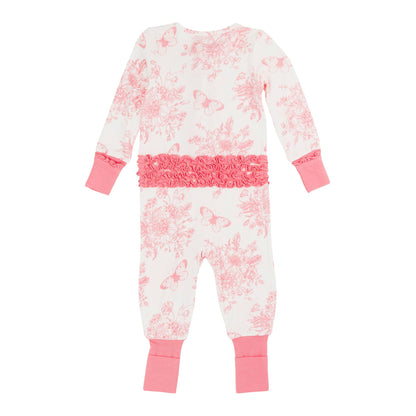 Baby Girls Pink Butterfly Garden Toile Bamboo Viscose Convertible Ruffle One Piece Pajama