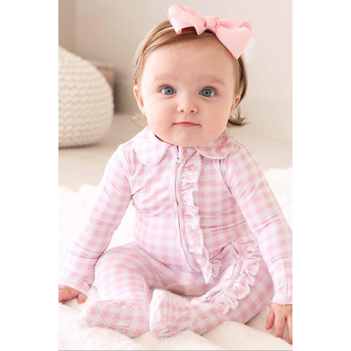 Peter Pan Collar Ruffle Zipper Footie | Rosy Gingham