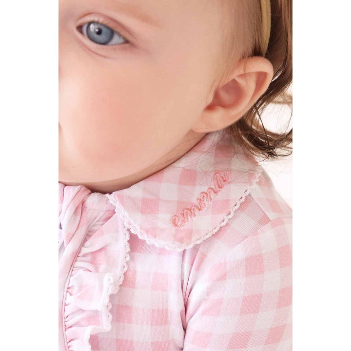 Peter Pan Collar Ruffle Zipper Footie | Rosy Gingham