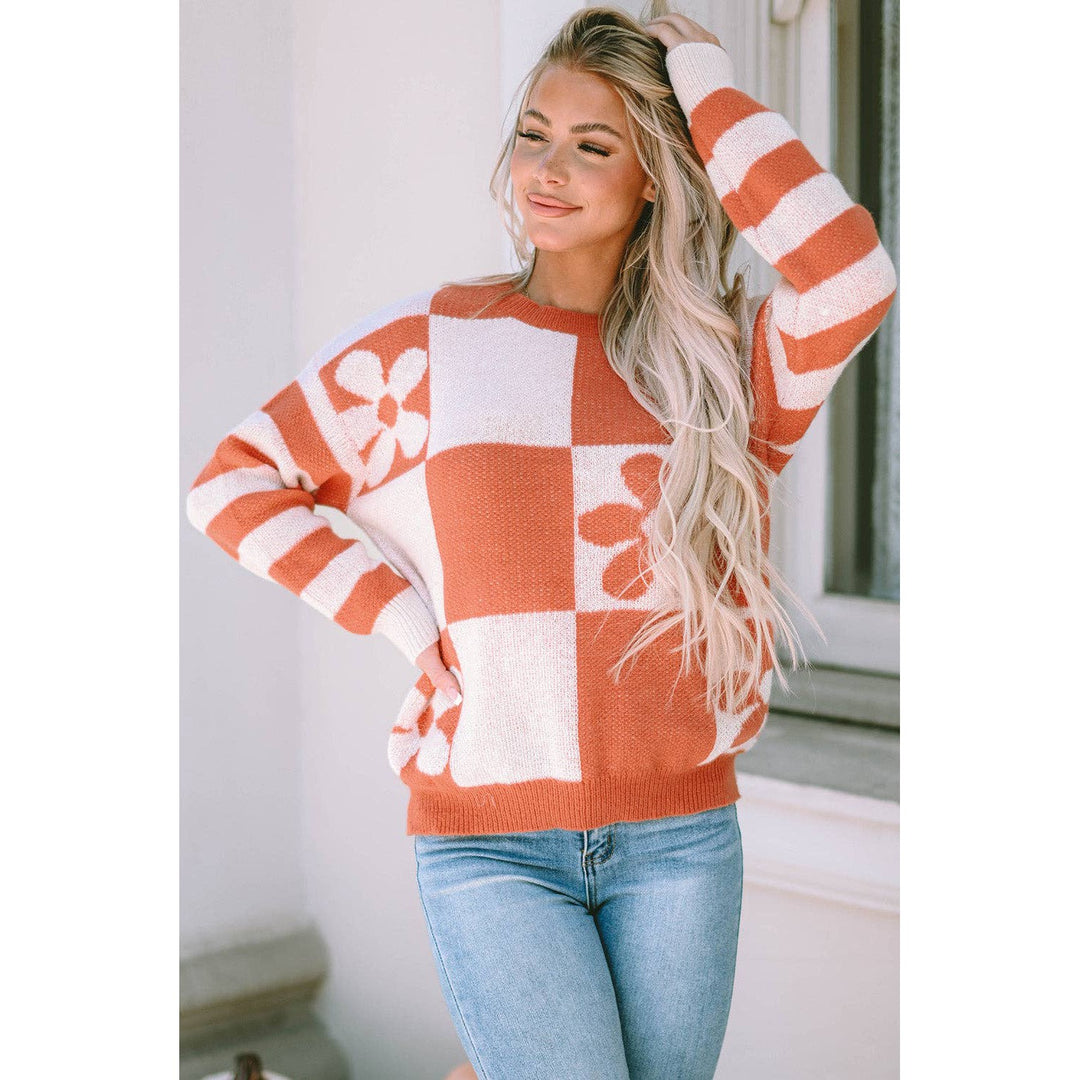 Miller Checkered Floral Striped Sleeve Sweater