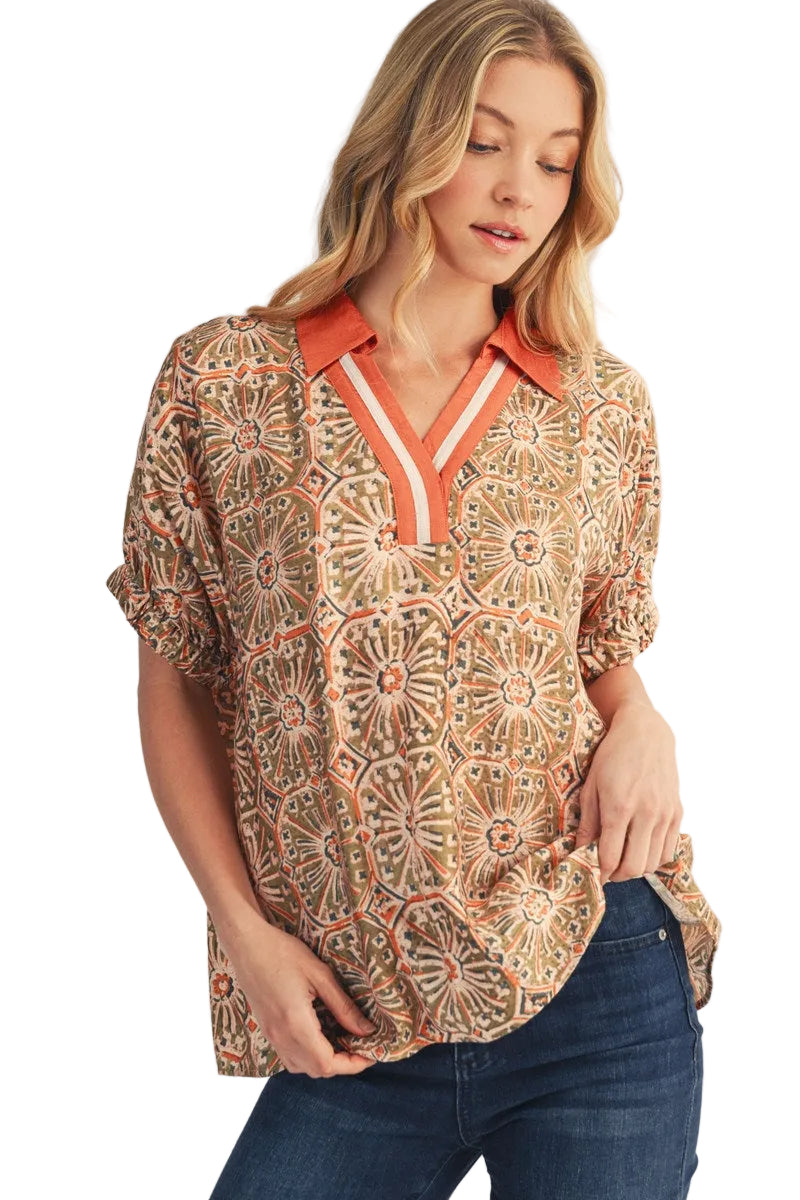 Jodifl Drop Shoulder Boho Print Top - Rust/Olive