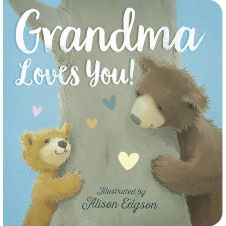Front cover of "Grandma Loves You!" board book featuring a sweet illustration of a grandmother bear and baby bear hugging in a flower field.