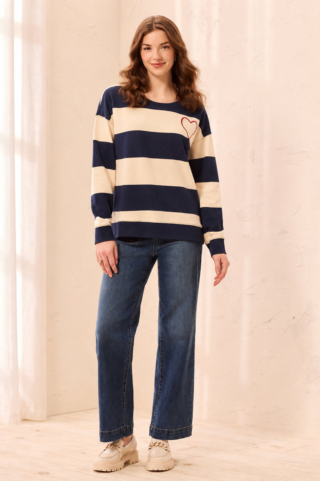 Tribal Embroidered Heart Drop Shoulder Knit Top - Jet Blue | Tribal Women&