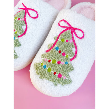 Pink Bow Christmas Tree Slippers