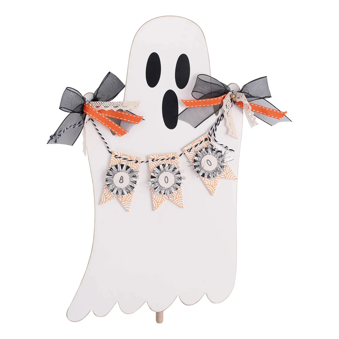 Glory Haus Flying Ghost Boo Topper — white wooden ghost with a playful face holding a black and orange 'BOO' pennant banner, with ribbon bows, on a topper stake