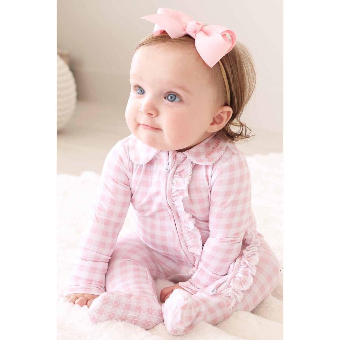 Peter Pan Collar Ruffle Zipper Footie | Rosy Gingham