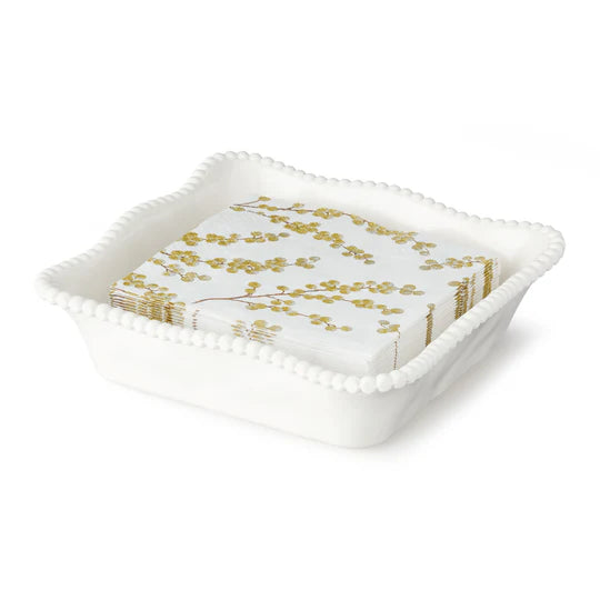 Certified International Perlette Cream melamine cocktail napkin holder featuring a scalloped edge and classic beaded design