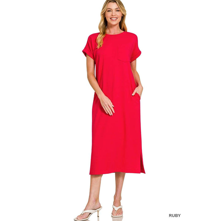 Round Neck Short Sleeve Midi Dress w/ Pockets