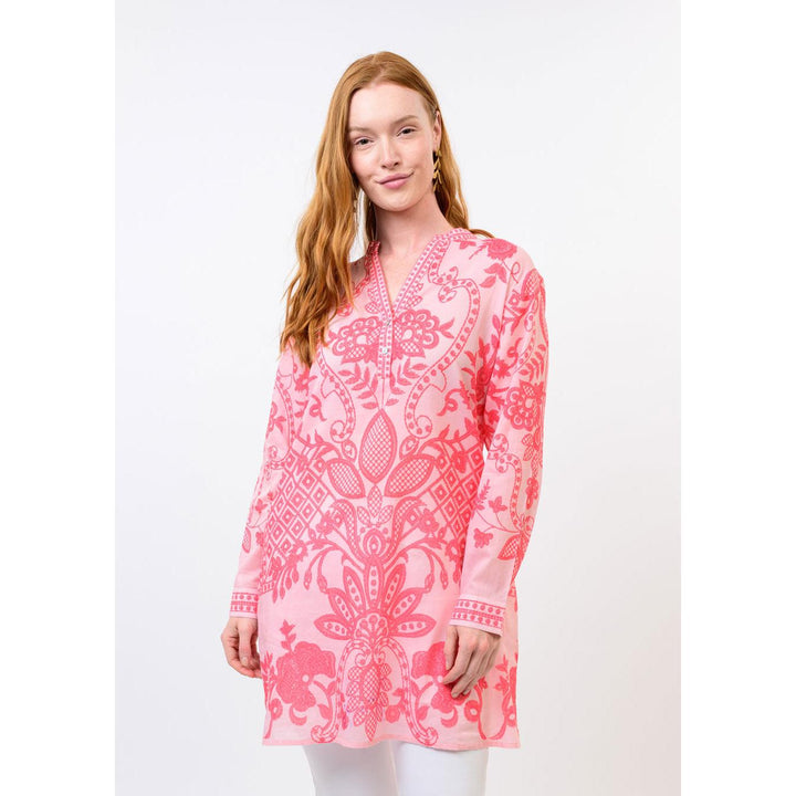 Ivy Jane Panel Print Coral Tunic featuring a vibrant pink floral pattern and longline silhouette.