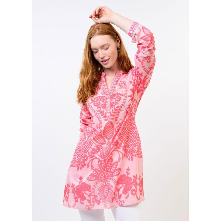 Close-up of the intricate multi-color panel print and pointed collar on the Ivy Jane coral blouse.