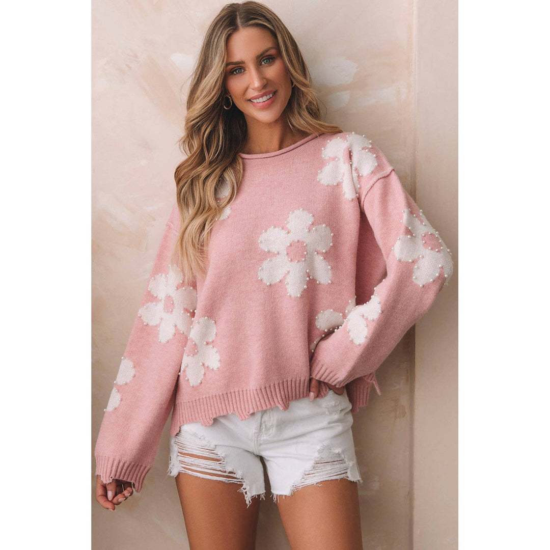 Jaycee Pearl Beaded Floral Drop Shoulder Sweater