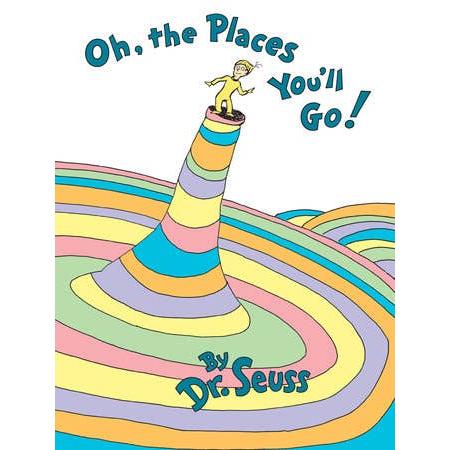 Front cover of "Oh, The Places You'll Go!" by Dr. Seuss, featuring a character in a yellow and pink striped suit standing on a colorful landscape.
