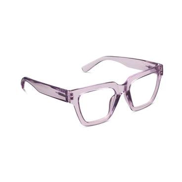Peepers Take a Bow Purple oversized square blue light reading glasses on a white background.