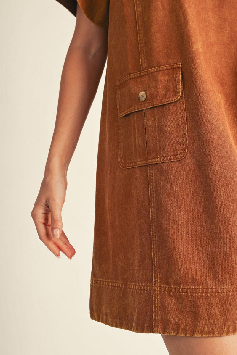 Jodifl Short Sleeve Garment Washed Shift Dress - Camel