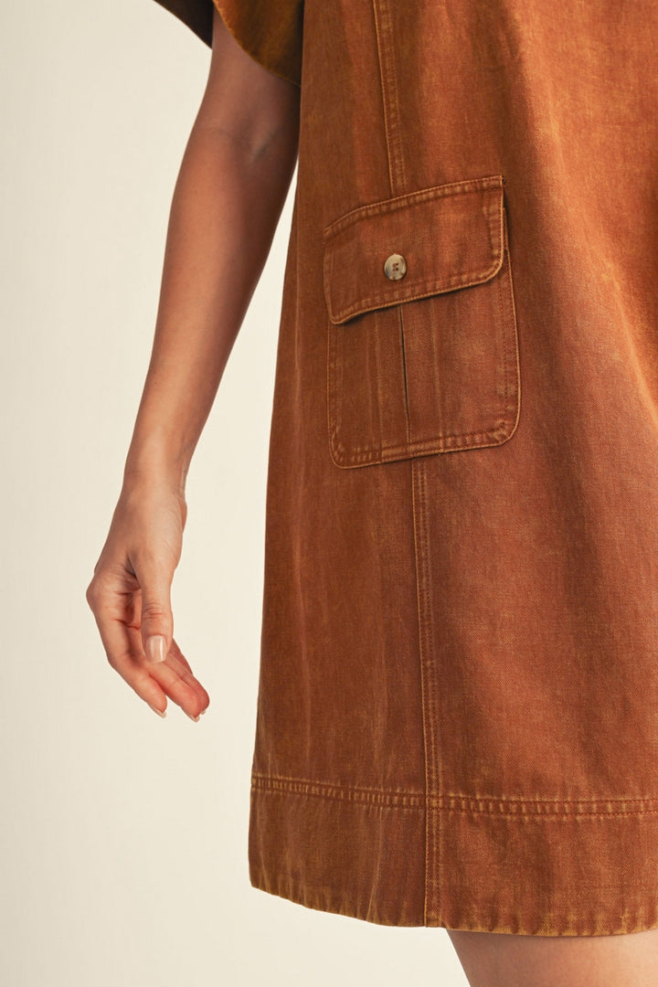 Jodifl Short Sleeve Garment Washed Shift Dress - Camel