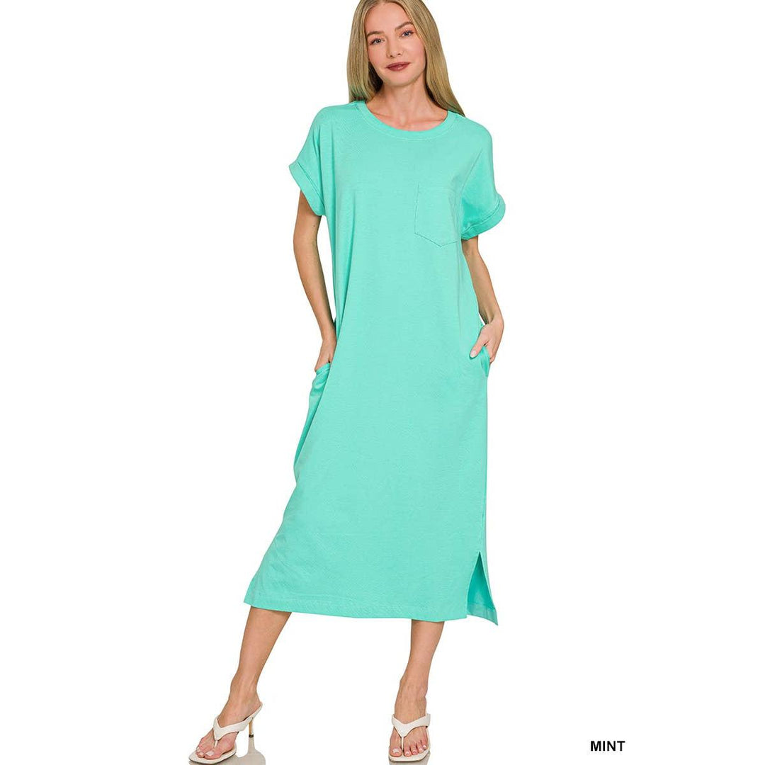 Round Neck Short Sleeve Midi Dress w/ Pockets