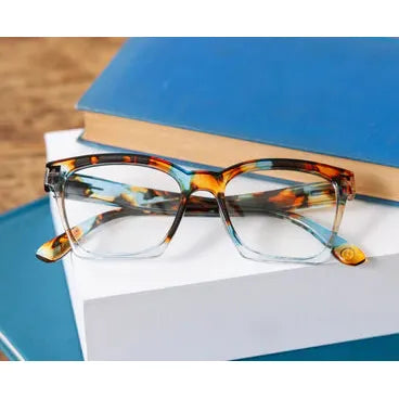 Peepers Birdie Progressives Blue Quartz Colorblock reading glasses featuring a lightweight acetate frame.