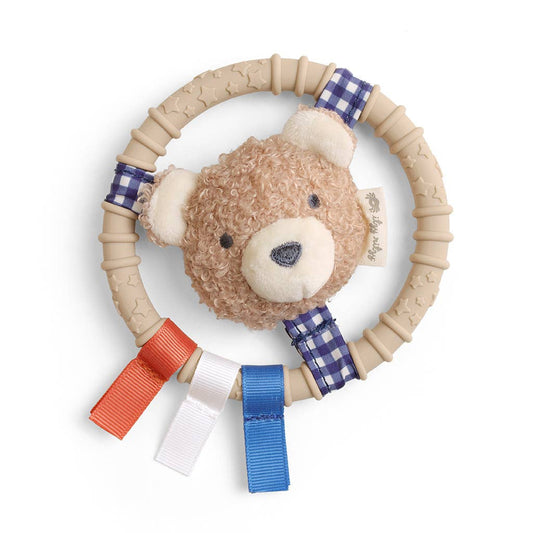 Itzy Ritzy Itzy Ring Pal Plush Sensory Teether with Taupe Bear character and textured silicone ring